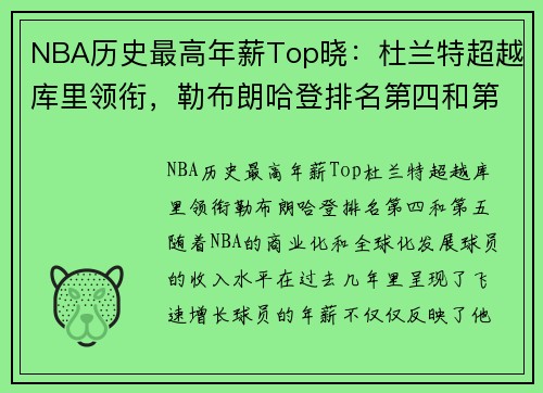 NBA历史最高年薪Top晓：杜兰特超越库里领衔，勒布朗哈登排名第四和第五