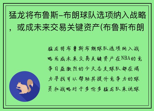 猛龙将布鲁斯-布朗球队选项纳入战略，或成未来交易关键资产(布鲁斯布朗续约)